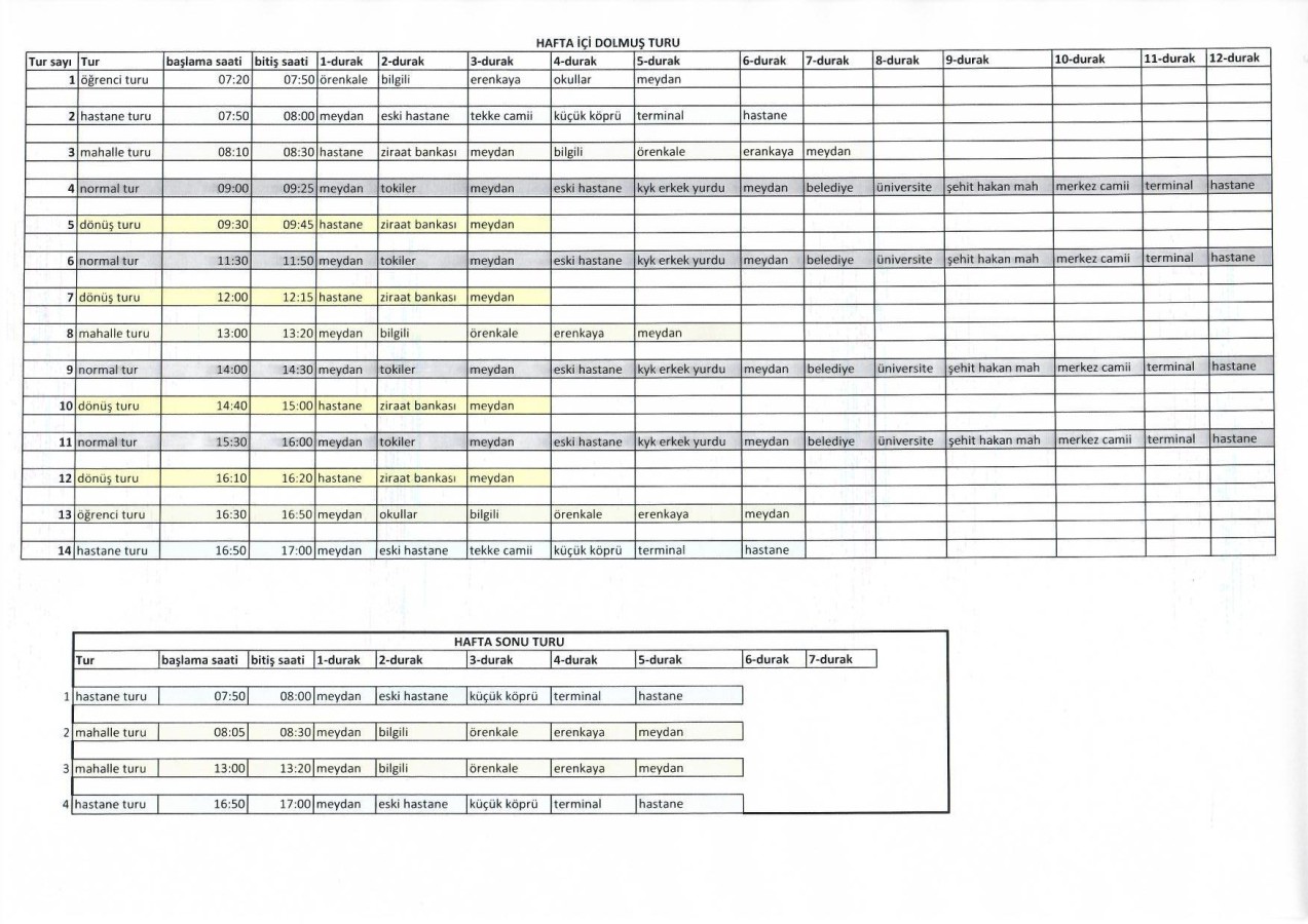 DOLMUŞ HATTI YOL GÜZERGAHLARI VE SAATLERİ