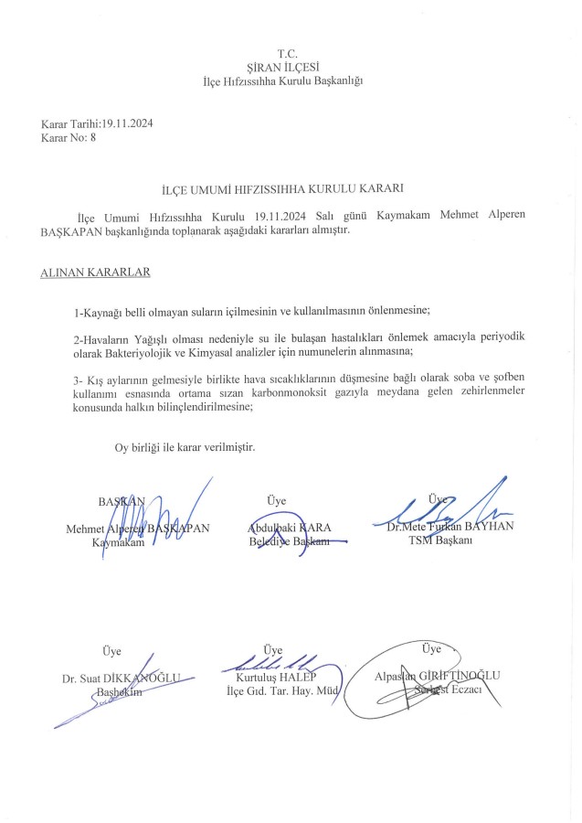 İlçe Umumi Hıfzısıhha Kurulu Kararı