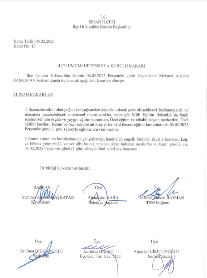 İlçe Umumi Hıfzısıhha Kurulu Kararı