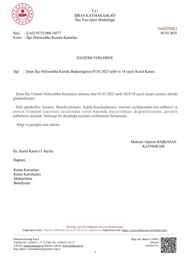 İlçe Umumi Hıfzısıhha Kurulu Kararı