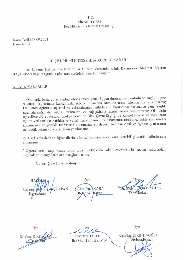 İlçe Umumi Hıfzısıhha Kurulu Kararı